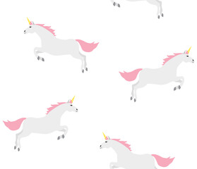 Vector seamless pattern of flat cartoon hand drawn jumping unicorn isolated on white background