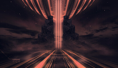 Futuristic fantasy night landscape with abstract landscape and island, moonlight, radiance, moon, neon. Dark natural scene with light reflection in water. Neon space galaxy portal. 3D illustration.  © MiaStendal