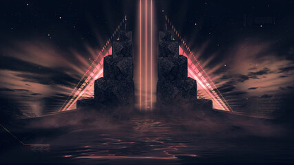 Futuristic fantasy night landscape with abstract landscape and island, moonlight, radiance, moon, neon. Dark natural scene with light reflection in water. Neon space galaxy portal. 3D illustration. 