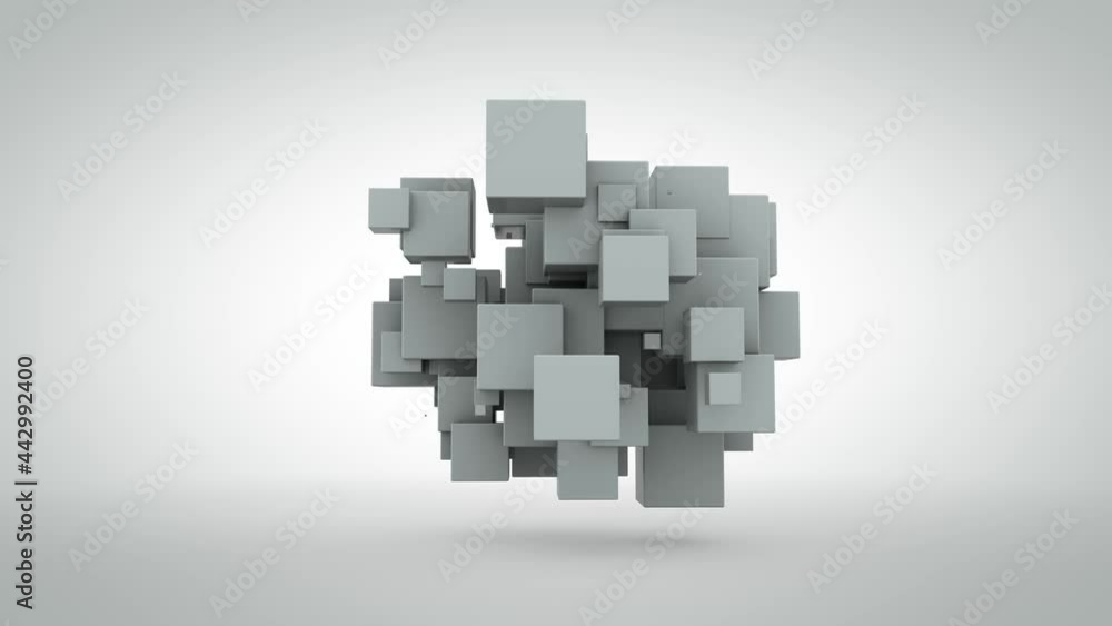 Poster abstract 3d loop animation of a set of cubes and spheres in space flying apart from the explosion an