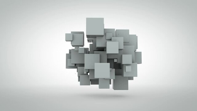 Abstract 3d loop animation of a set of cubes and spheres in space flying apart from the explosion and gathering, turning into spheres. A cloud of balloons.