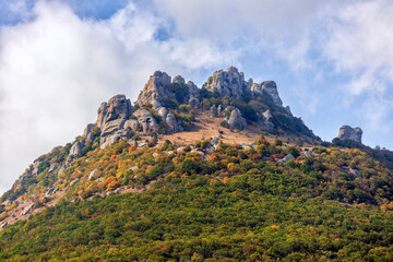 Beautiful scenic sunny landscape of Yuzhnaya Demerdzhi rocky mountain in Crimea called Dolina Privideniy, or Ghost Valley.