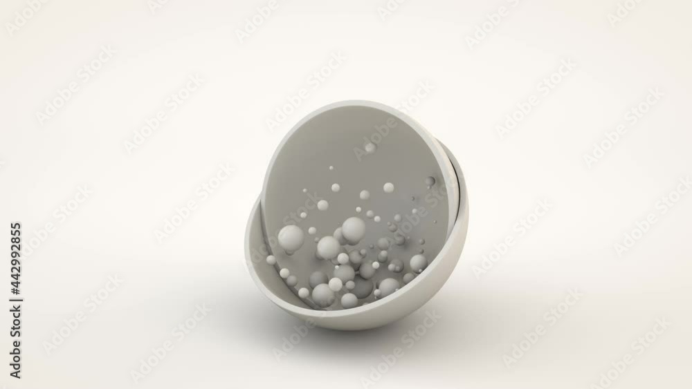 Poster abstract 3d loop animation. the two halves of the sphere are mutually moving. the spheres are filled
