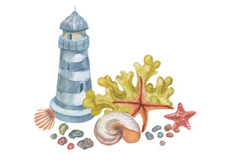 
 lighthouse jellyfish starfish  corals shells beach watercolor illustration hand drawn print textiles vintage retro.  set cartoon ocean realistic sketch sea travel
