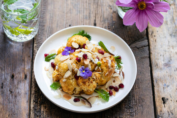 Roast cauliflower with almond flakes, pomegranate and tahini sauce