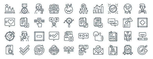 Fototapeta na wymiar linear pack of rating validation line icons. linear vector icons set such as medal, ranking, edit, goal, survey, revision. vector illustration.
