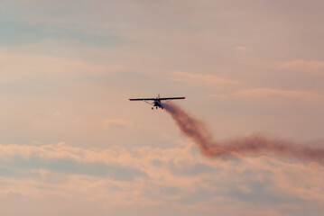 A plane with smoke is landing at sunset.