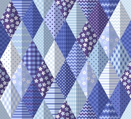 Seamless patchwork pattern from rhombus patches with floral and geometric ornaments. Quilting design.