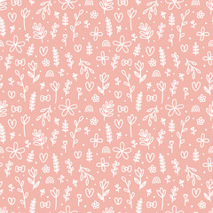 Hand drawn floral seamless pattern. Cute background with flowers. Simple graphic design. Scandinavian style