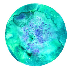 A watercolor isolated spot of a round shape of turquoise color with blue spots and dots of paint inside and streaks of paint on a white background. blank watercolor paint texture template for text for