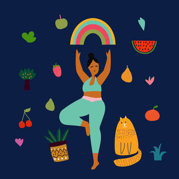 Girl doing a yoga pose with her cat pet