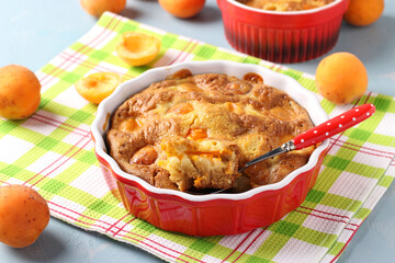 Clafoutis with apricots is a delicious French cuisine dessert. Horizontal format