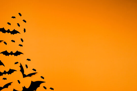 Flying flock of bats on orange background mockup. Halloween holiday concept. Black silhouettes . Empty space for text. Copy space.