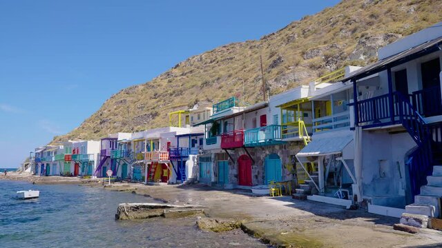 Colorful Greek village of Kilma along the Aegean Sea on the Island of Milos in Slow Motion