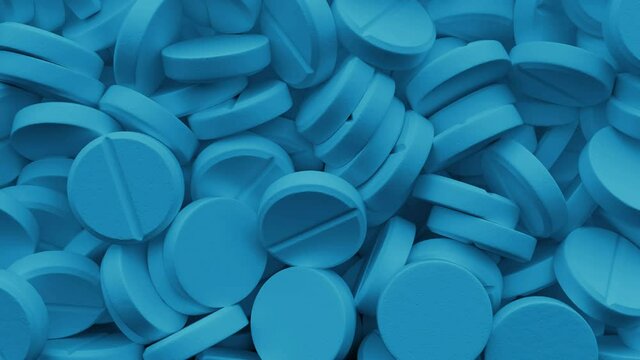 Blue falling 3D pills pouring a screen isolated on a black background with luma matte. Tablets filling a screen.
