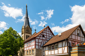 Fototapeta na wymiar Möckmühl, city church and half-timbered houses, Eifel, Germany