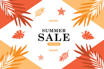 Fototapeta na wymiar Summer sale banner for business. Advertising design concept with tropical leaves background and summer sale text.