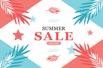 Fototapeta na wymiar Summer sale banner and background with tropical leaves design. Vector illustration.