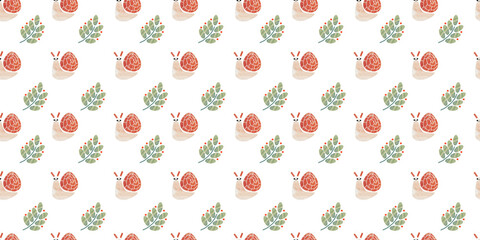 Cute seamless background with elements of plants, apples and snail character.
Children's print for fabric, wallpaper, texture, packaging.