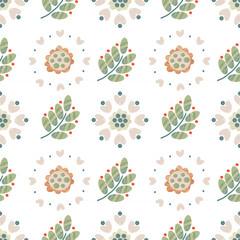 Seamless pattern with elements of flowers, herbs, abstract elements.