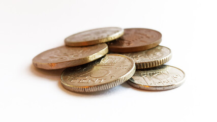Pile of coins, Money, Coins stack on white background.