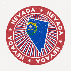 Nevada round stamp. Logo of us state with state flag. Vintage badge with circular text and stars, vector illustration.