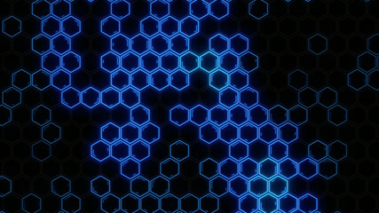 Abstract futuristic hexagon glowing neon surface, structure. HUD.