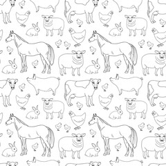 Outline Farm Animals seamless pattern. Cow, horse, pig, chicken, hen, sheep, rabbit. Animal husbandry. Livestock, cattle, dairy, poultry. Hand drawn contour vector background, template, coloring page