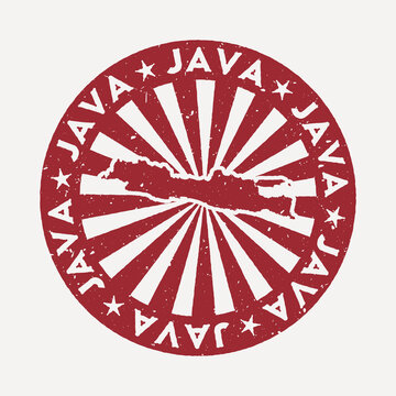Java stamp. Travel red rubber stamp with the map of island, vector illustration. Can be used as insignia, logotype, label, sticker or badge of the Java.