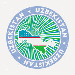 Uzbekistan round stamp. Logo of country with flag. Vintage badge with circular text and stars, vector illustration.