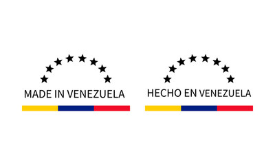 Made in Venezuela labels in English and in Spanish languages. Quality mark vector icon. Perfect for logo design, tags, badges, stickers, emblem, product package