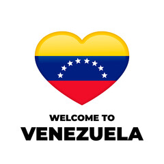 Welcome to Venezuela lettering with national flag in heart shape isolated on white background. Vector template for typography poster, postcard, banner, flyer, sticker, t-shirt