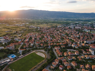 Aerial Sunset view of town of Petrich, Bulgaria