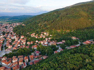 Fototapeta na wymiar Aerial Sunset view of town of Petrich, Bulgaria