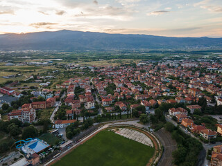 Aerial Sunset view of town of Petrich, Bulgaria