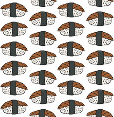 Vector seamless pattern of hand drawn doodle sketch colored sushi roll isolated on white background