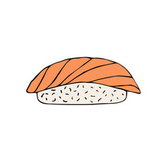 Vector hand drawn doodle sketch colored salmon sushi roll isolated on white background
