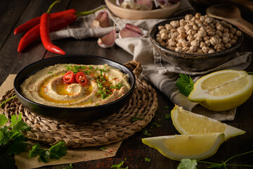 Delicious hummus in ceramic bowl