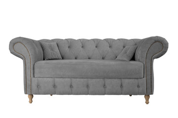 Grey sofa on wooden legs isolated. Upholstered furniture for the living room. Gray couch isolated