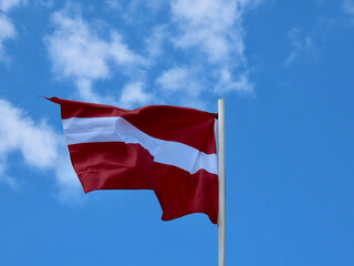 Latvian flag waving in strong wind on a sunny summer day
