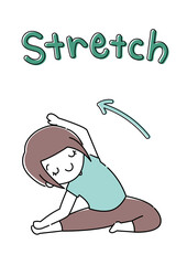 ヨガ ストレッチ 脇腹を伸ばす女性 Stretch文字