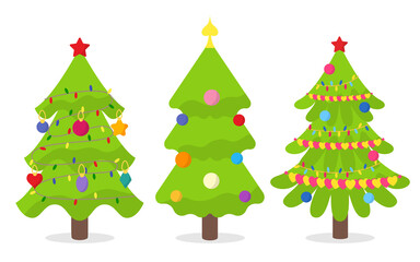 Trees with garlands and toys in the form of balls, other abstract shapes. Set of three green firs of New Years and Christmas. Decoration dressing room, tableware, gift wrapping paper, notebook.