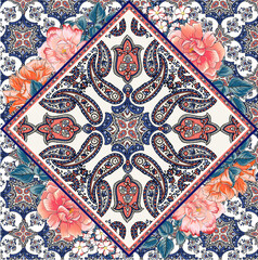 Bandana pattern with paisley and floral elements. floral handkerchief square design, perfect for fabric, decoration or paper