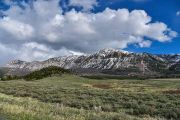 Wyoming Landscape, Mountains, Cloudy Sky, Grasslands