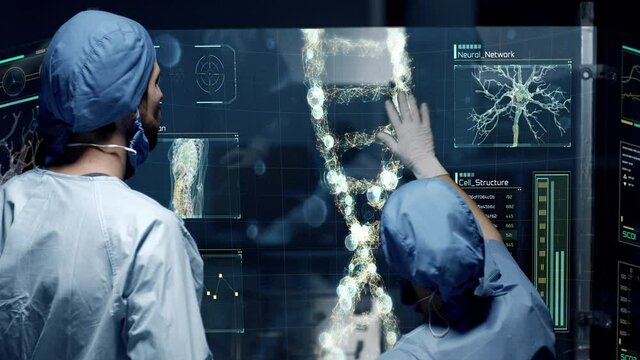 Professional Doctors Analyzing DNA Structure, genes and genetic disorders, science. DNA Strand molecule close up animation with infographics.