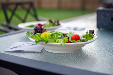 A healthy green salad sits atop a backyard picnic table.
