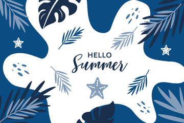 Fototapeta na wymiar Blue summer banner with background design of palm leaves and tropical plants.
