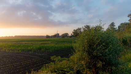 Fototapeta na wymiar Landscape with the dutch windmill the Broekzijdse Molen during sunset on a summer evening