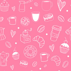 Vector seamless pattern with coffee and desserts, beautiful print for fabrics, menu design, signage, stationery