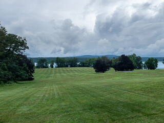 Staatsburg, NY - USA -July 1, 2021: Wide angle view of the backyard of the Staatsburgh State Historic Site, a Beaux-Arts mansion designed by McKim, Mead, and White.